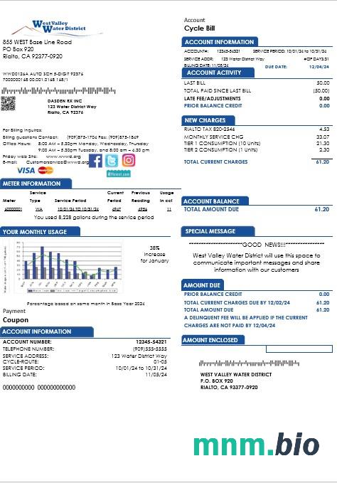 Usa California West Valley Water District rachunek za usługi komunalne szablon w formacie Word i PDF